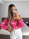 Hot Style Spring And Summer Sexy Word Collar Open Shoulder Wrapped Chest Print Shirt-Outfit