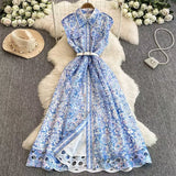 Fongt Luxury French Style Sleeveless Print Dress Female Polo Collar Hook Hollow Design Lady Temperament