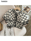 Summer Causal Geometric Print Two-piece Set Women Short Sleeve Single Breasted Top + Pockets Shorts Fashion Shorts