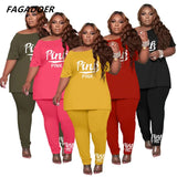 Size Casual Sport 2 Piece Set XL-4XL 5XL PINK Letter Print Women's Set Summer Loose Top+Lounge Pants Suit Tracksuit