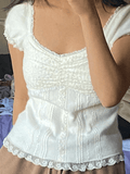 Paneled Lace White Puff Sleeve Blouse-Outfit