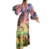 Fongt Summer New Printing Gradient Lotus Leaf Side V-Neck Sexy Lanky Long Dress