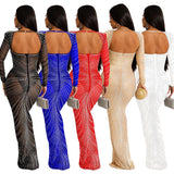 Fashion Women's Hot Diamond Mesh Perspective Long Sleeve Dress-Outfit