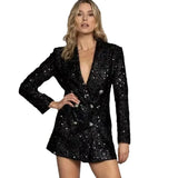 Fongt Fashion V-Neck Temperament Blazer Double-D Row Black Brighten Long