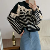 New 2022 Chic Korean Fashion Bow Striped Sweaters Knitted Women Autumn Winter Oversized Elegant Short Tops