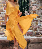 Hot Summer Sexy Dress INS Shoulder Side Slit Back Deep V-Collar Dress-Outfit