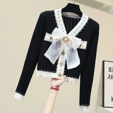 Knitted Diamonds Cardigan Chic Fashion Women V Neck Mesh Big Beaded Bownot Black Button Loose Sweater