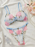 Blue Sheer Rose Embroidered Lingerie Set-Outfit