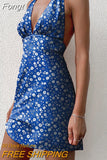 Print Boho Summer Dress Women Sleeveless Halter Short Sundress Party Dress Backless Beach Dress Mini Sexy