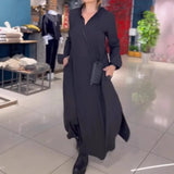 Fongt Autumn And Winter New Leisure Loose Solid Color V Collar Long-Sleeved Dress