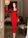 Retro Red Hepburn Style Square Collar Impact Knitted Dress Thin Red Dress With Autumn And Winter Backing-Outfit