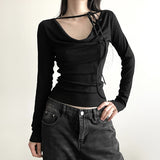 Solid Collar Neck Tie Long Sleeve Knitted Tee-Outfit