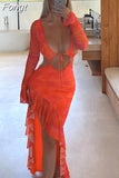 Summer Ruffle Sexy Y2K Clothes Hollow Out Long Sleeve Backless Side Slit Bodycon Maxi Dresses For Women 2023 Club