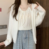 Design Sense Knitted Cardigan Women's Loose New Temperament Solid Color Cardigan Vest Suspenders Two-Piece Set-Outfit