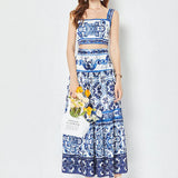 Fongt And White Porcelain Printing Set Women Three-Dimensional With Chest Pad Short Breast Sling Sling Belt + Two-Piece Skirt