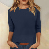 Fongt Women's Top With A Round Collar Seven-Sleeve Solid Color T-Shirt-Outfit