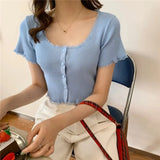 Women Patched Lace O-Neck Knitted Short Sleeve Thin Sweaters Cardigans Lady Single-breasted Buttons Sweater Crop Tops Female-Outfit