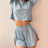 Fongt Women's Spring Summer Fashion Short Collar T-Shirt Blouse Shorts Two Sets Of Women