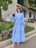 Fongt Wooden Ear Collar Buckle Tie With Long Hollow Lace Splicing French Bubble Sleeve Dress