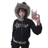Fongt Cloth Forget Retro Hair Splicing Velvet Zipper Casual Coat BM Style Hooded Solid Color Sweater