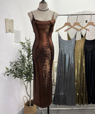 Real Shooting 鎏金带 Dress Bare Back Repair Behind The Opening Fork Long Bag Over The Knee Dress