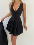 Solid V-neck Vest And Pleated Mini Skirt Set-Outfit