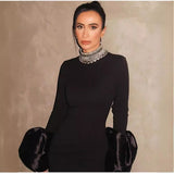 Fashionable Horn Sleeves Water Drilling Black Dress Fashion Elegant Dinner Tweed