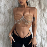 Spring And Summer New Women's Sling One-Word Collar Water Drill Tassel Navel Slim Vest Girl-Outfit