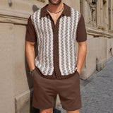Fongt Men's Casual Jacket Knitted T-Shirt Set Cardigan Knitted Short-Sleeved Shorts Two-Piece Set