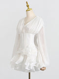 Fongt Wind Mesh Dress Woman 2025 New Fish Bone Repair Wood Ear Splicing Design Solid Dress