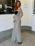 Mesh See Through Long Sleeve Women Dress 2023 Summer Casual Sexy White Maxi Beach Dresses O Neck Solid Loose Outfits-Outfit