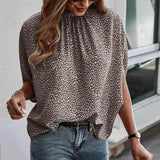 Vintage Leopard Print Shirt Elegant Summer Blouse Lace-Up Batwing Short Sleeve Loose Casual Stand Collar Fashion Tops