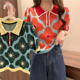 Women Puff Short Sleeve Printed Flowers Sweaters Shirts Polo Collar Cropped Thin Sweater Pullover Crop Top For Female-Outfit