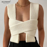 Sleeveless Knitted Crop Sweater Sexy Autumn Summer Fashion Vest Black Casual White Jumper Top Female Pullover fall