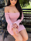 Pink Bodycon Knitted Off Shoulder Mini Dress-Outfit