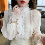 Ruffle Lace Chiffon Shirt Elegant Sweet Chic Long Puff Sleeve Women Blouse Apricot Tops Stand Collar Clothes Blusas