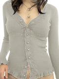 Front Buttons Lace Panel Knit Top-Outfit