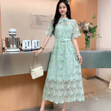 Fongt Retro High-End Squealing Hook Lace Dress Women's Summer Waist Thin Temperament A-Word Fairy Dress