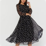 Women's Long Sleeve Black Chiffon Printed Round Neck Lace Dot Formal