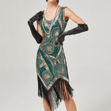 Sequin Beaded Art Deco Flapper Dresses 20s Great Gatsby Party Fringe Dress V-Neck Sleeveless Embroidery Midi Dress-Outfit