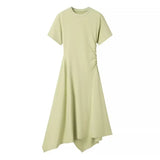 Two-Color Short-Sleeved Pleated Irregular Dress In Spring-Outfit