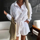 Fongt 2024 Women's New Casual Solid Color Shirt Rope Lace Shorts Fashion Suit