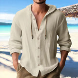Fongt New Fashion Spring And Summer Men's Hooded Shirt Solid Cotton And Cotton Leisure Long-Sleeved Top.