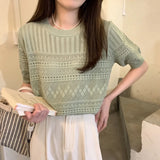 Fongt T-Shirt Girl Summer New Hollow Hook Design Temperament Round-Neck Short-Sleeved Top In The Wind