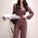 V-Neck Women Business Jumpsuits Stylish Office Lady Female Wide Leg Pants Playsuit