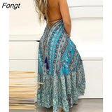 Print Halter Backless Vintage Maxi Dress Women Sexy Boho Vacation