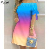 Ptint Colorblock Off Shoulder Tie Detail Casual Dress