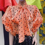 Bow Shirts & Blouses Contrast Dot Print Blusas 2024 New Puff Sleeve Camisas Korean Ropa Mujer Spring Summer Tops-Outfit