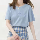 Fongt Sleeve Korean Round Collar T-Shirt Female 2024 Summer Loose Plant Print Casual Solid Color Student Half Sleeve Top