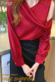 Slim Women Off-Shoulder Long Sleeve Chiffon Blouse Autumn 2023 Elegant Satin shirt Solid OL Tops Chemisier Femme